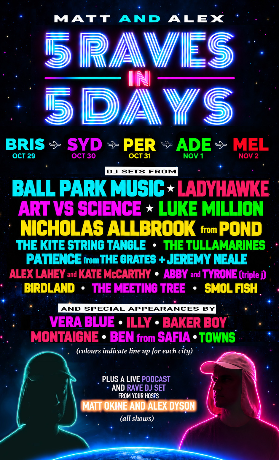 Matt and Alex 5 Raves in 5 Days tour poster featuring DJ sets from Ball Park Music, Ladyhawke, and Art vs Science.